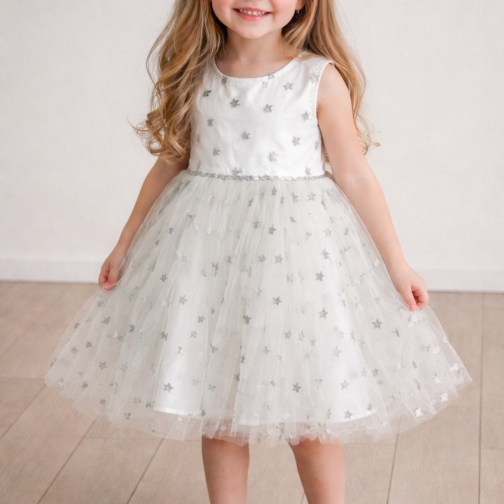 Popatu White Tulle Dress with Silver Star Accents